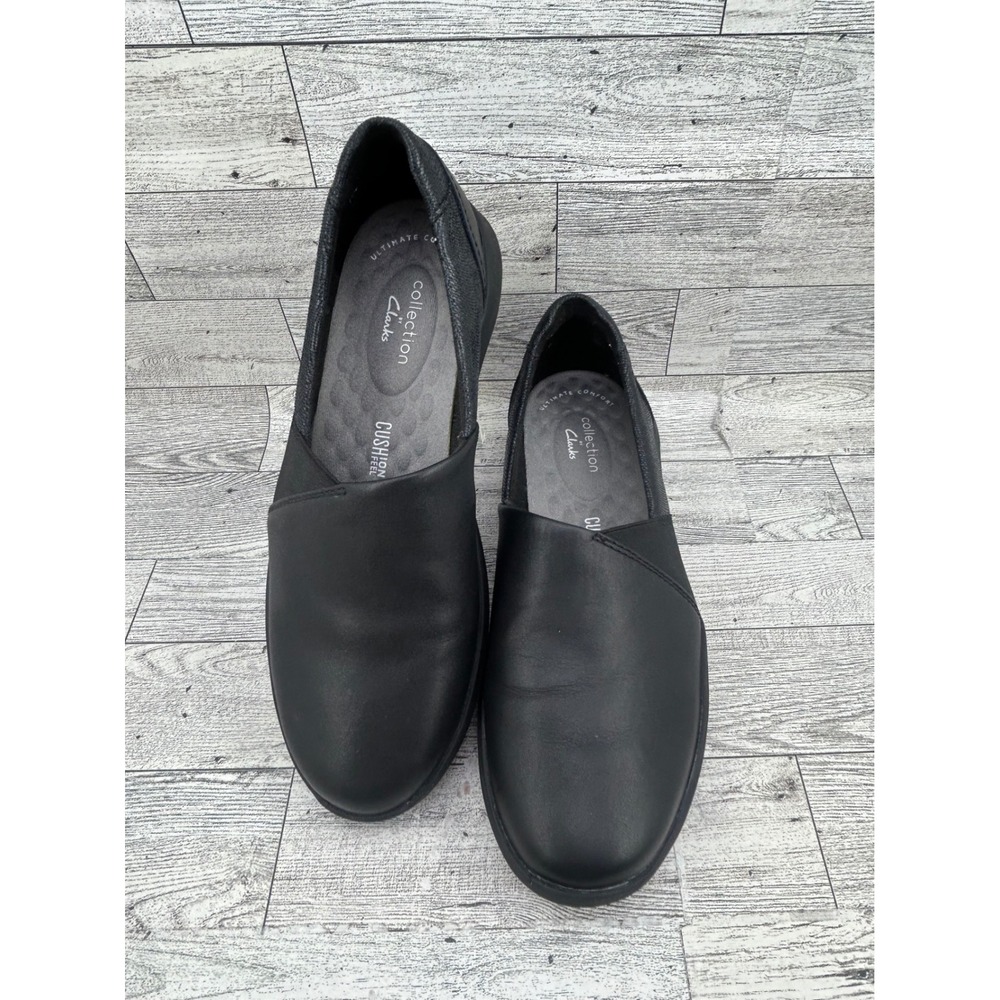 Clarks Collection Black Leather Slip On Loafers Cushion‎ Feel Women Size 6M